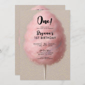 ピンクコットンキャンディ金ゴールド紙吹雪1st誕生日パーティー 招待状 (正面/裏面)