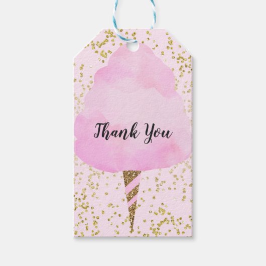 ピンクコットンキャンディ&金ゴールド紙吹雪誕生日パーティー ギフトタグ (正面)