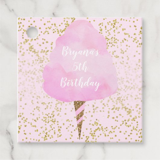 ピンクコットンキャンディ&金ゴールド紙吹雪誕生日パーティー フェイバータグ (正面)