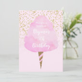 ピンクコットンキャンディ&金ゴールド紙吹雪誕生日パーティー 招待状 (スタンド正面)