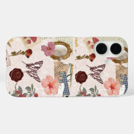 ピンクコテージコアボタニカルコラージュフォンケース iPhone 16ケース