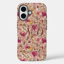 ピンクコテージコア フラワーハンドステッチ刺繍 iPhone 16ケース