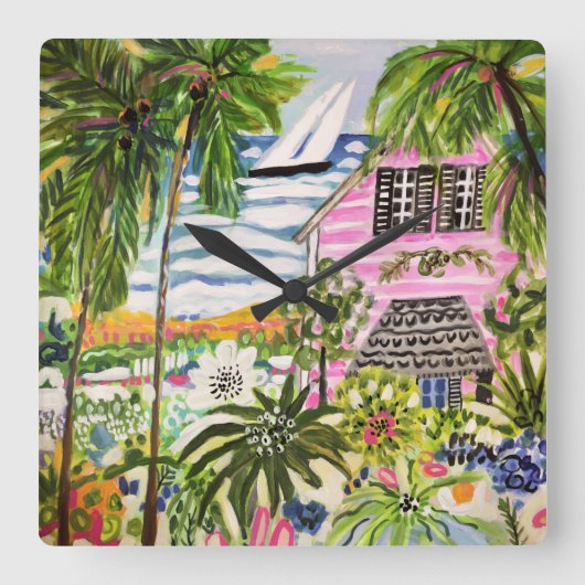 ピンクコテージバイザベイI スクエア壁時計 (正面)