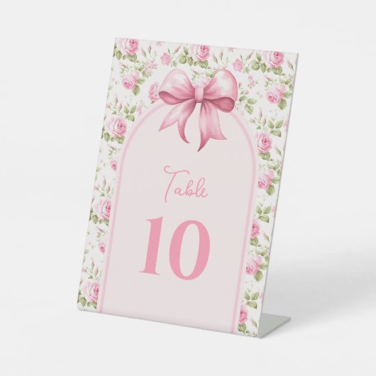 ピンクコテージバラとボウコケット台番号付き 台座サイン (正面)