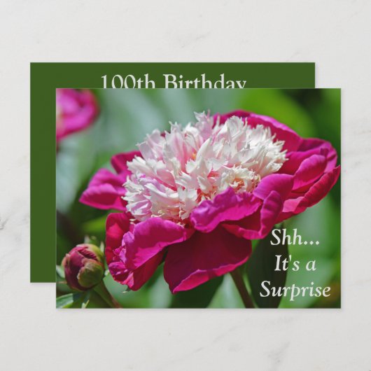 ピンクコテージ牡丹フラワーサプライズ100誕生日 招待状 (正面/裏面)