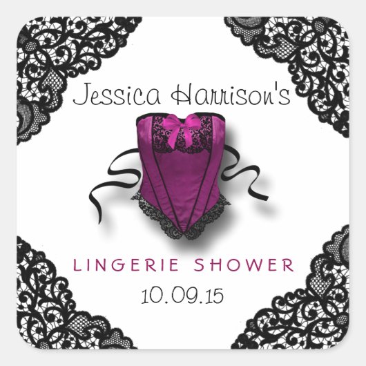 ピンクコルセット&ブラックレースランジェリーシャワーステッカー スクエアシール (正面)