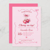 ピンクコンセットボウさくらんぼオントップブライダルシャワー 招待状 (正面/裏面)