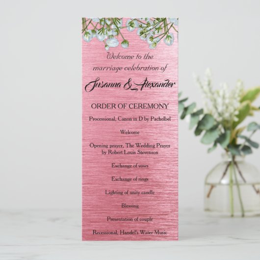 ピンクコンテンポラリーの金属と白のバラ結婚ズ プログラム (スタンド正面)