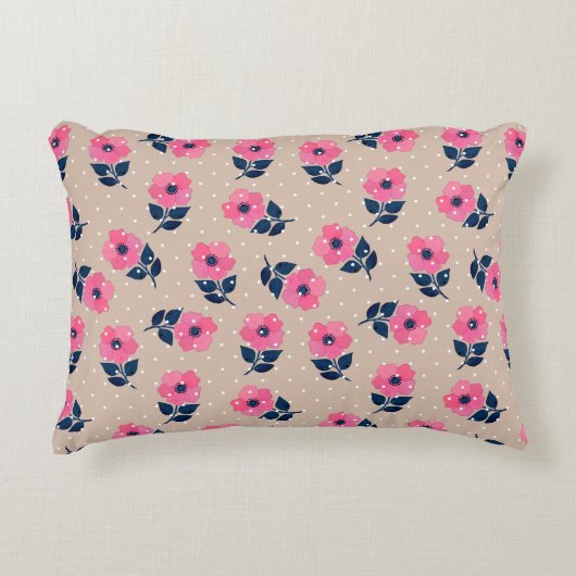 ピンクコンテンポラリーベージュの花柄 アクセントクッション (正面)