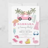 ピンクコンバーチブルパームツリーアダルト誕生日 招待状 (正面)