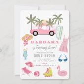 ピンクコンバーチブルパームツリーガール誕生日 招待状 (正面)