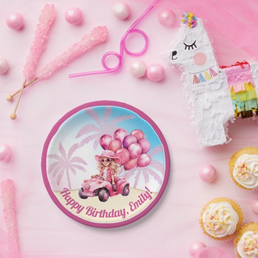 ピンクコンバーチブルビーチ誕生日 ペーパープレート (パーティー)