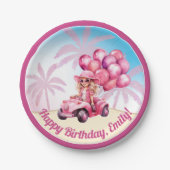 ピンクコンバーチブルビーチ誕生日 ペーパープレート (正面)