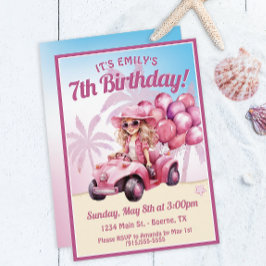 ピンクコンバーチブルビーチ誕生日 招待状