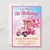 ピンクコンバーチブルビーチ誕生日 招待状 (正面)