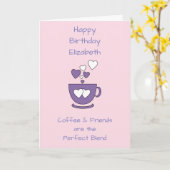 ピンクコーヒー&フレンズ誕生日グリーティング カード (黄色い花)