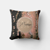 ピンクコーラルアンドブラックコインパーソナライズされたグリッター クッション (正面)