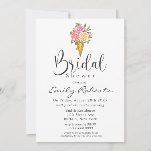 ピンクコーラルイエローアイスクリームコーンブライダルシャワー 招待状 (正面)