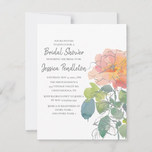 ピンクコーラルウォーターカラーフローラボーホブライダルシャワー 招待状 (正面)