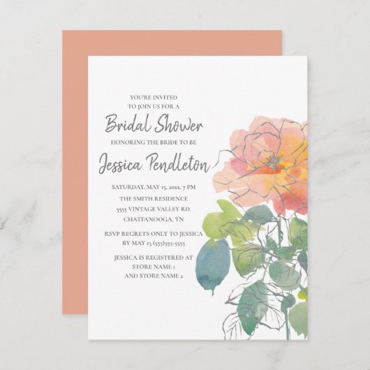 ピンクコーラルウォーターカラーフローラボーホブライダルシャワー 招待状 (正面/裏面)