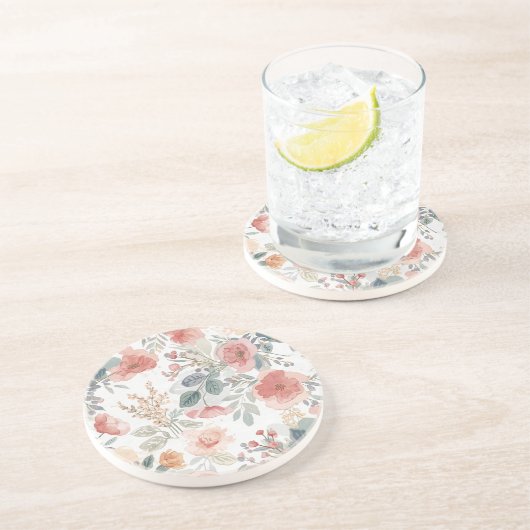 ピンクコーラルガーデンの花の水彩模様 コースター (側面)