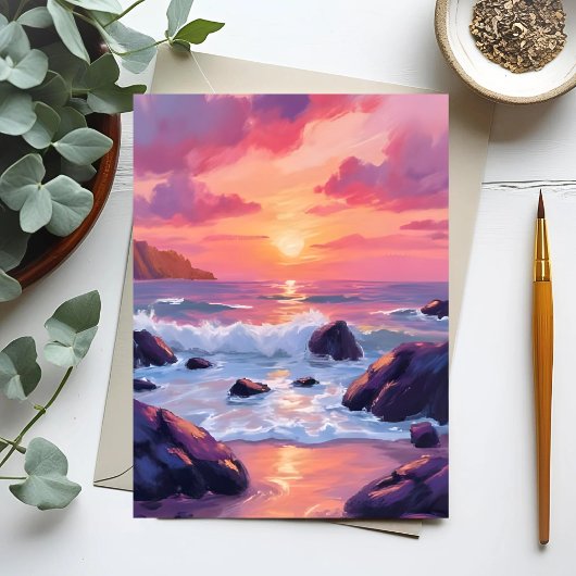 ピンクコーラルサンセット|海の波の水彩画 ポストカード