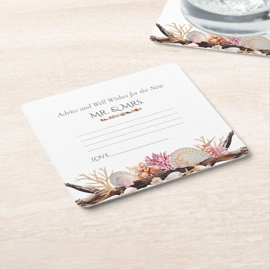 ピンクコーラルシーシェル真珠ヒトデ流木 スクエアペーパーコースター (アングル)