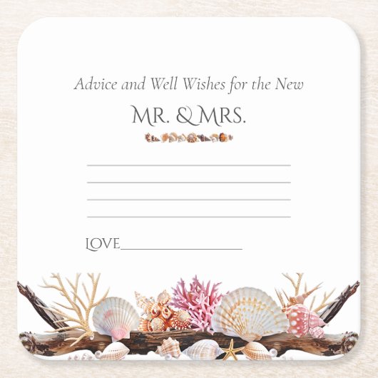 ピンクコーラルシーシェル真珠ヒトデ流木 スクエアペーパーコースター (正面)