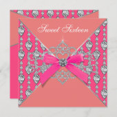 ピンクコーラルダイアモンズコーラルスウィート16バースデーパーティー 招待状 (正面/裏面)