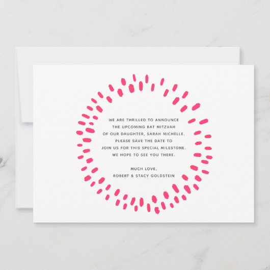 ピンクコーラルバルミツワーはっきりしたスターバストクールモダン セーブザデート (裏面)