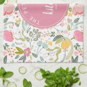 ピンクコーラルパステルウォーターカラーフローラファミリー名 キッチンタオル (折り畳み)