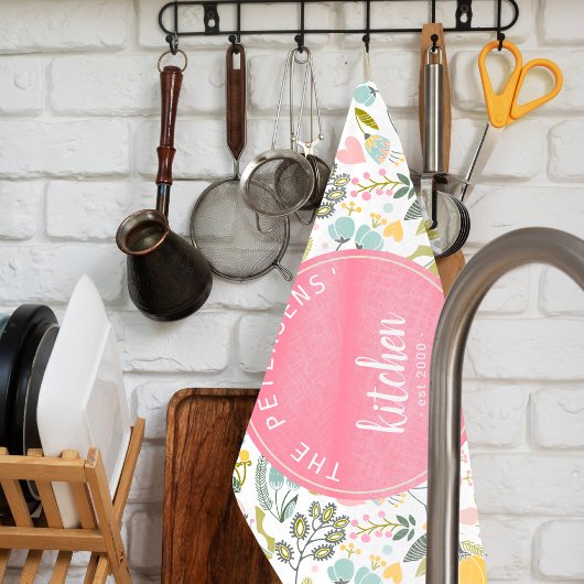 ピンクコーラルパステルウォーターカラーフローラファミリー名 キッチンタオル