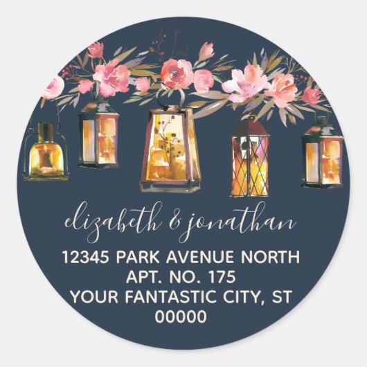 ピンクコーラルピーニーズランタンネイビー差出人住所 ラウンドシール (正面)