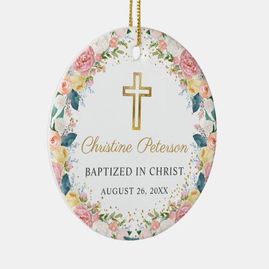 ピンクコーラルフローラガールバプテスマ金ゴールドグロス写真 セラミックオーナメント (右)
