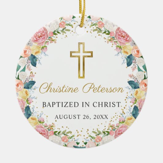 ピンクコーラルフローラガールバプテスマ金ゴールドグロス写真 セラミックオーナメント (正面)
