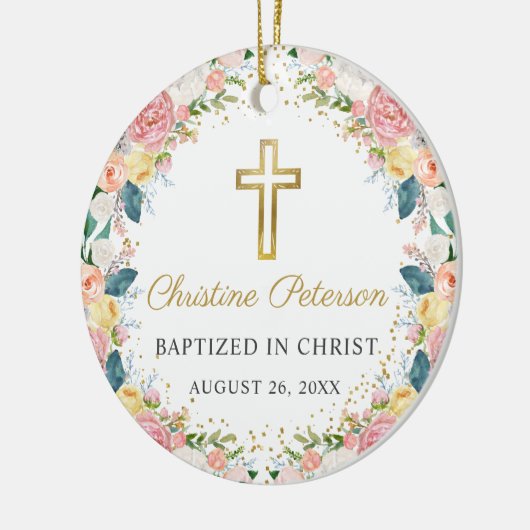 ピンクコーラルフローラガールバプテスマ金ゴールドグロス写真 セラミックオーナメント (左)