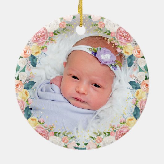 ピンクコーラルフローラガールバプテスマ金ゴールドグロス写真 セラミックオーナメント (裏面)