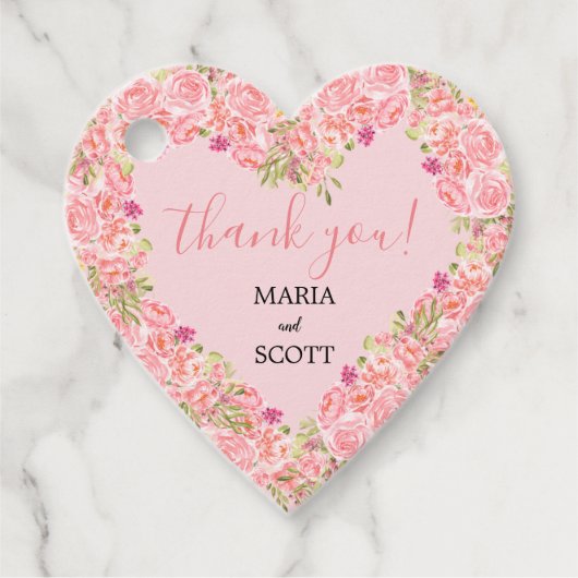 ピンクコーラルフローラ結婚ハート フェイバータグ (正面)
