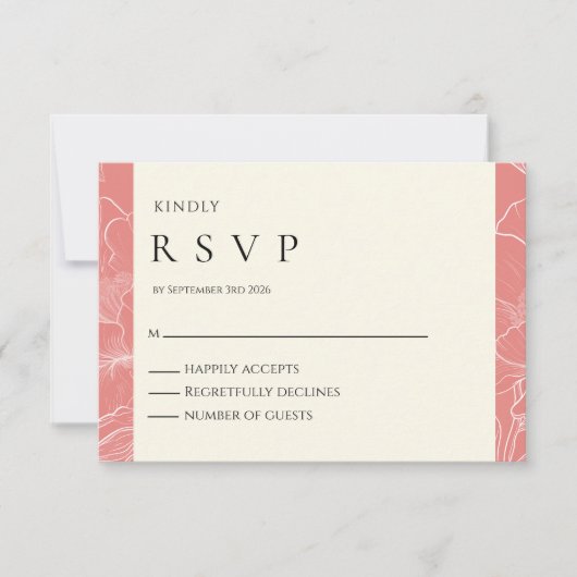 ピンクコーラルボタニカルミニマリスト結婚式RSVP 出欠カード (正面)