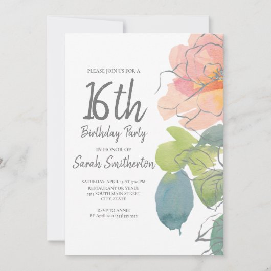 ピンクコーラルボーホウォーターカラーフローラスイーツ16 招待状 (正面)