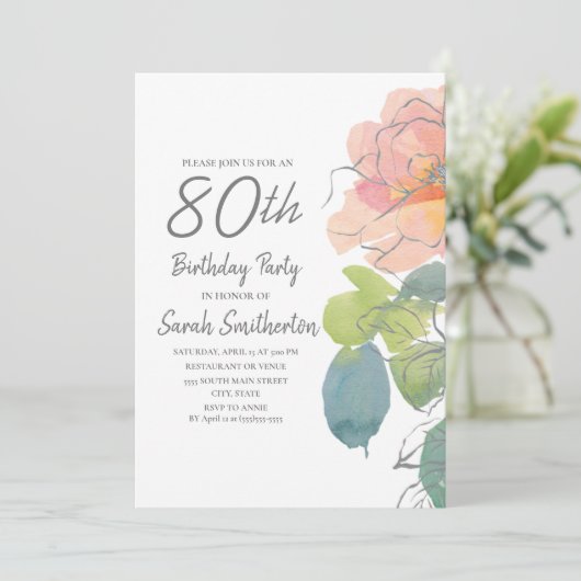 ピンクコーラルボーホウォーターカラーフローラ80誕生日 招待状 (スタンド正面)