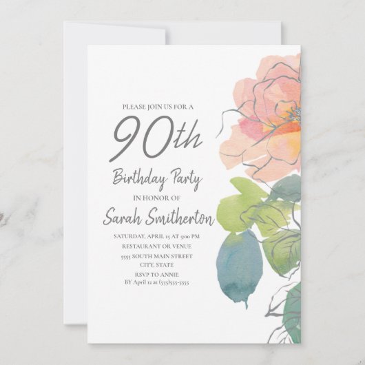 ピンクコーラルボーホウォーターカラーフローラ90誕生日 招待状 (正面)