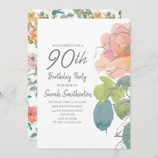 ピンクコーラルボーホウォーターカラーフローラ90誕生日 招待状 (正面/裏面)