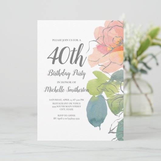 ピンクコーラルボーホウォーター色フローラ40th誕生日 招待状 (スタンド正面)