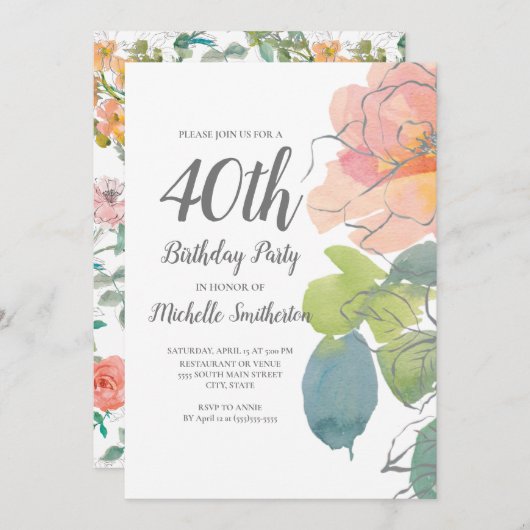 ピンクコーラルボーホウォーター色フローラ40th誕生日 招待状 (正面/裏面)