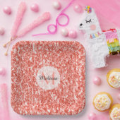 ピンクコーラルライトパステルスパークルズモノグラムきらきら光る ペーパープレート (パーティー)