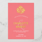 ピンクコーラルリーフモダンミニマルビーチ結婚式金ゴールド 箔招待状 (正面)