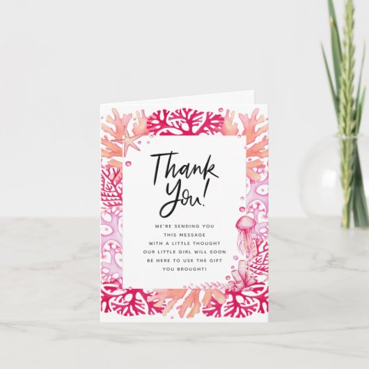 ピンクコーラル航海のベビーシャワーありがとう サンキューカード (正面)