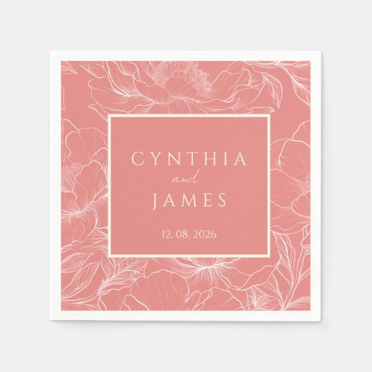 ピンクコーラル ボタニカル ミニマリスト ウェディング スタンダードカクテルナプキン (正面)