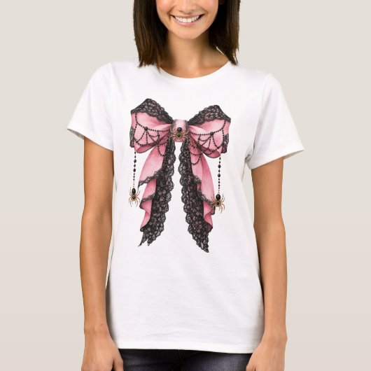 ピンクゴシックコケットスパイダーボウのハロウィン美学 Tシャツ (正面)